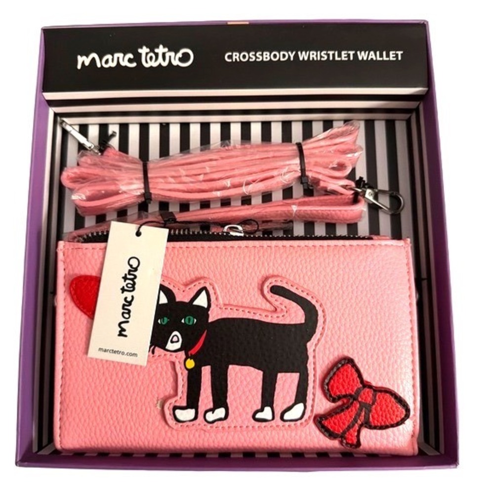 Marc Tetro Pink Black Cat Bow Heart Crossbody Wristlet Wallet Boxed